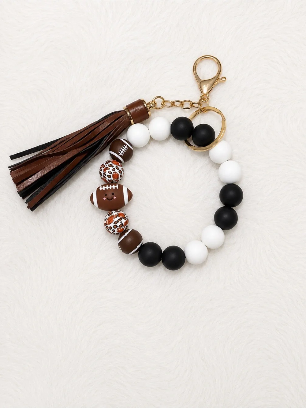 Beaded Football Tassel Keyring Wristlet - Brown, Black & White